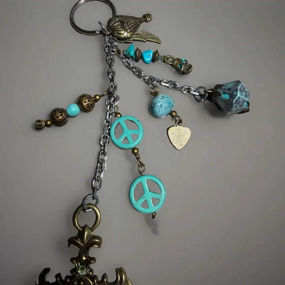 Vintage Cross Jade Patina Charm Keychain Peace Heart Bird Religious Accessory